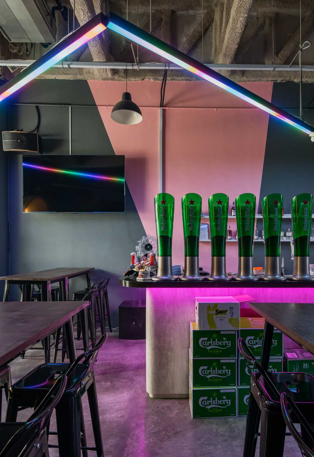 Contemporary Restaurant with Ceiling Light and Bar Counter