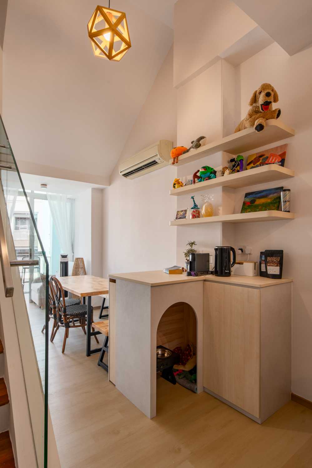 Scandinavian Dining Room with Vinyl Flooring and Drop Light