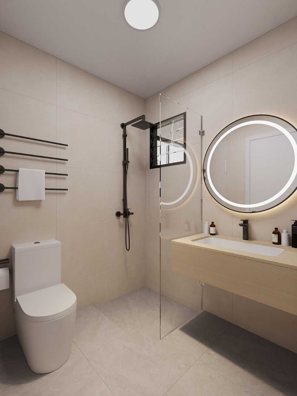 Contemporary Bathroom with Homogeneous Tiles and Mirror
