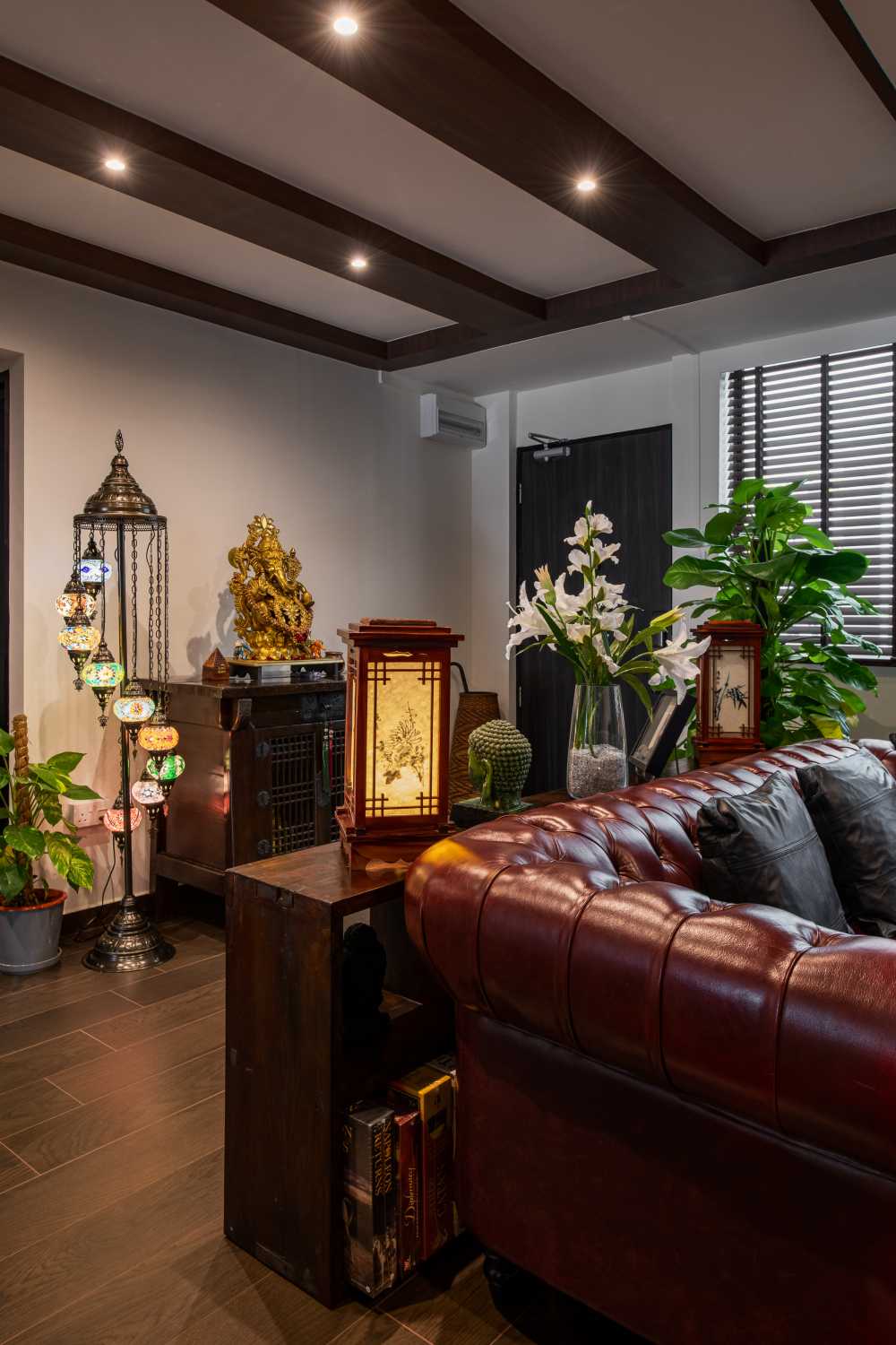 Country Entryway with Wood Flooring and Altar