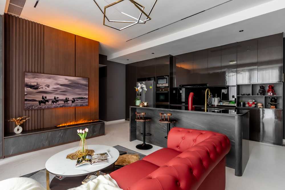 Contemporary Living Room with TV Console and Feature Wall