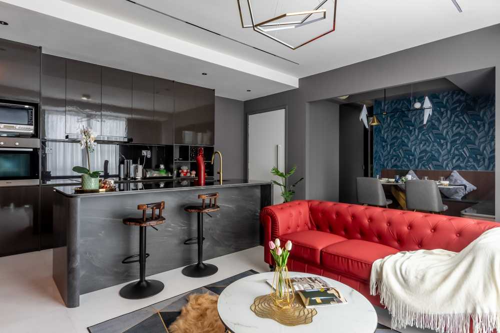 Contemporary Kitchen with TV Console and Open Kitchen