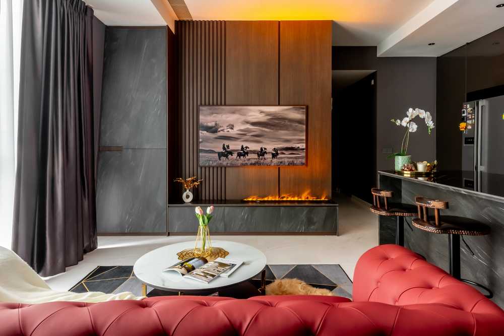 Contemporary Living Room with TV Console and Ceiling Light