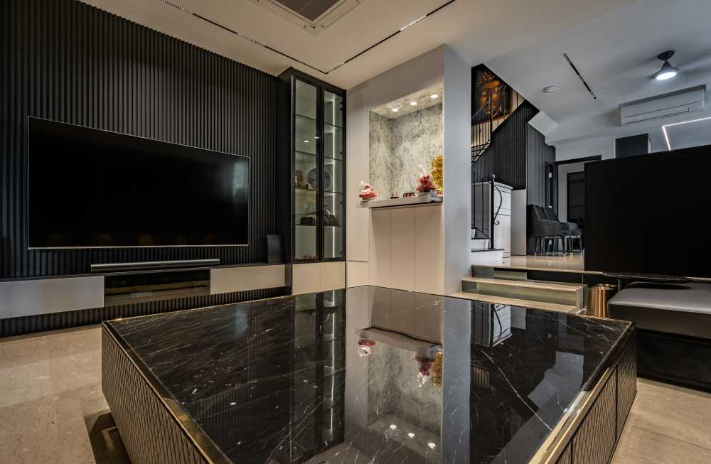 Modern Living Room with Homogeneous Tiles and Feature Wall