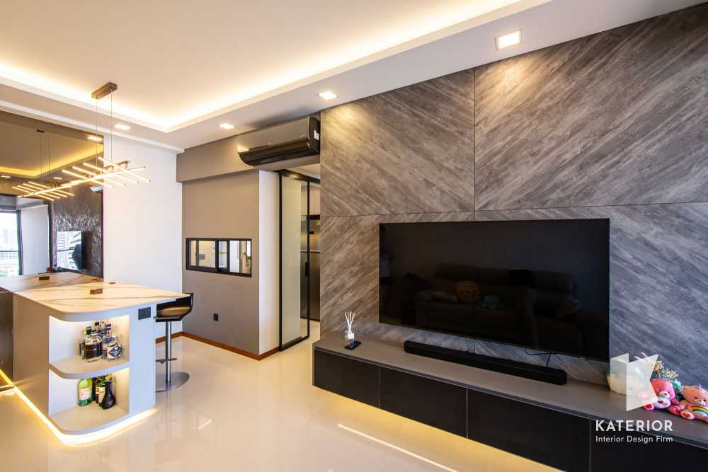 Contemporary Living Room with Homogeneous Tiles and TV Console
