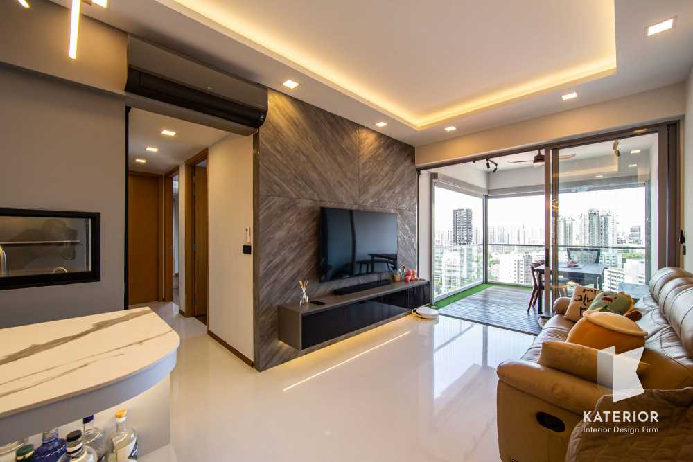 Contemporary Living Room with Homogeneous Tiles and TV Console