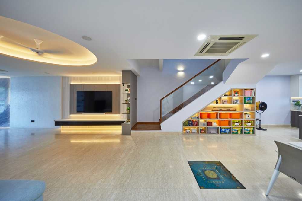 Minimalist Living Room with Feature Wall and Cove Lighting
