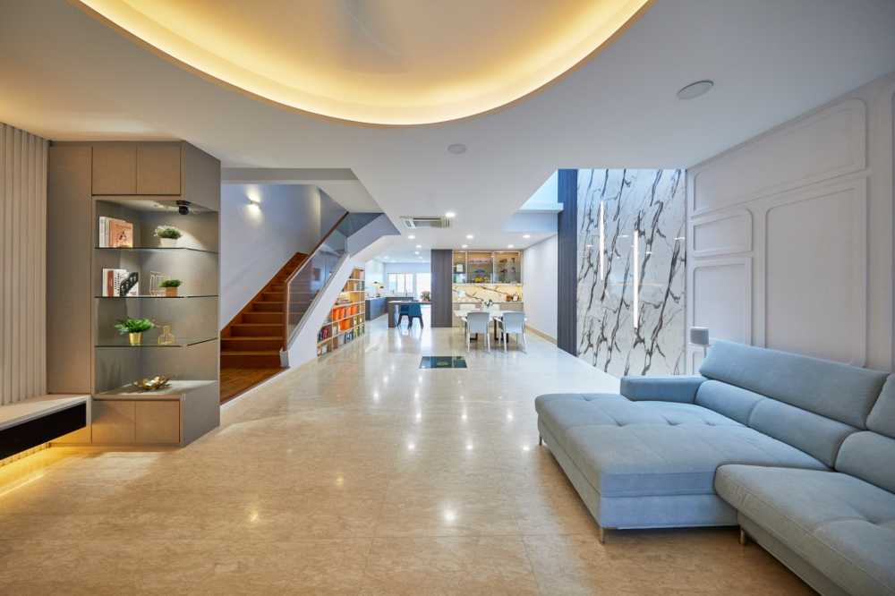 Minimalist Living Room with Feature Wall and Drop Light