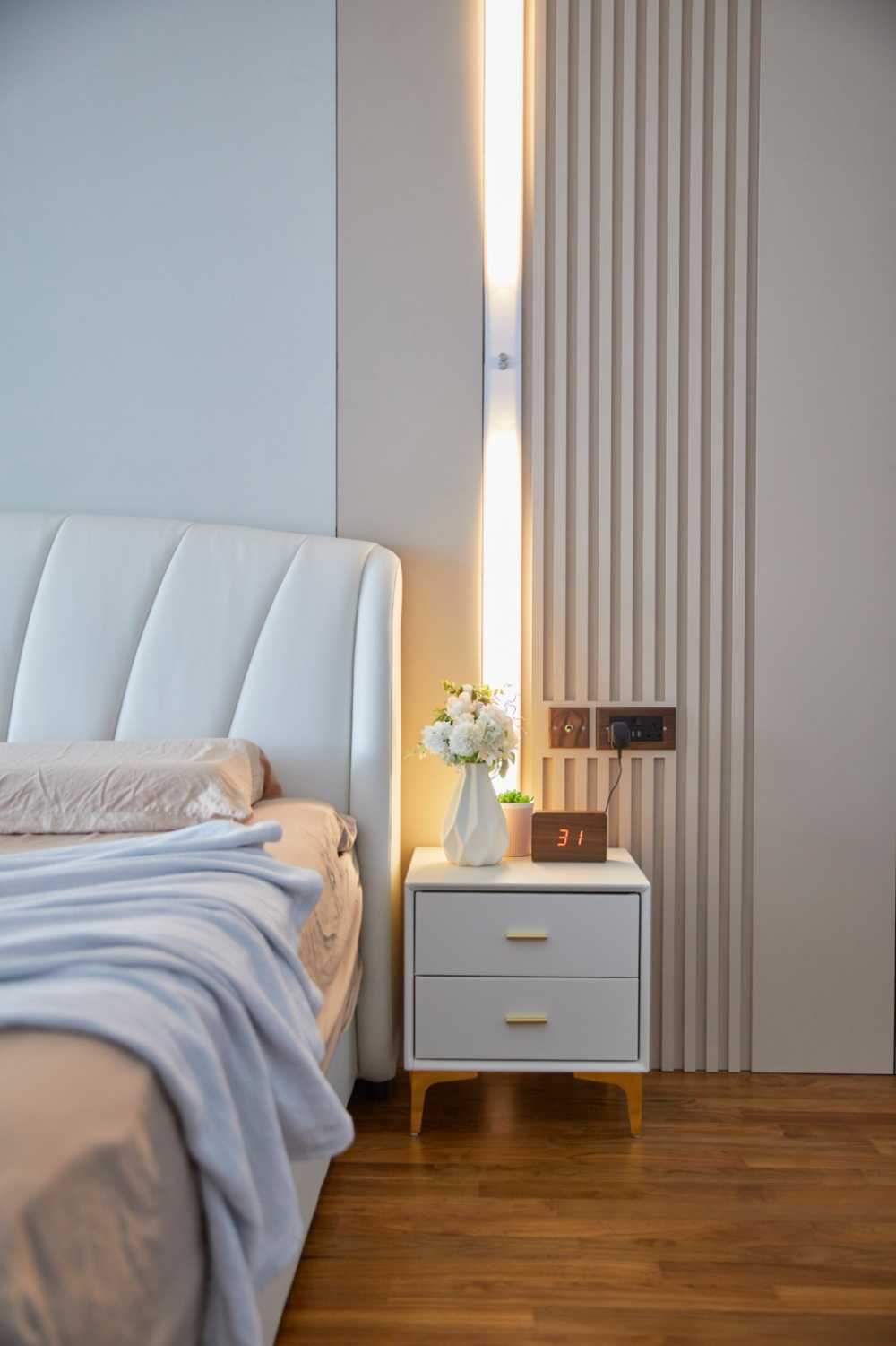Minimalist Bedroom with Roller Blinds and Lighting