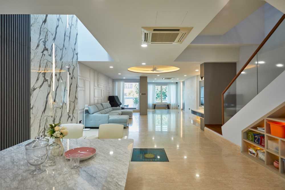 Minimalist Living Room with Parquet Floor and Cement Floor