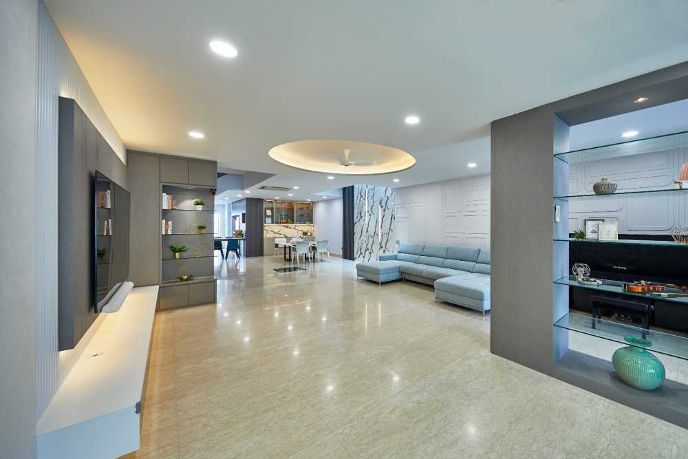 Minimalist Living Room with Feature Wall and Mirror