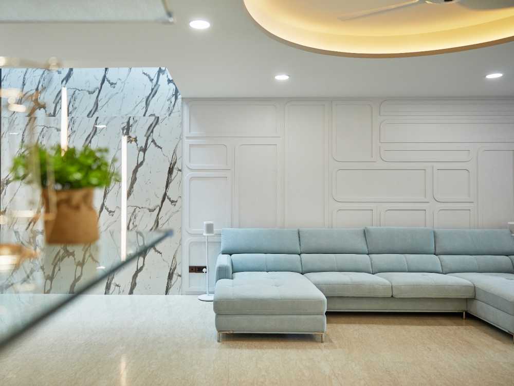 Minimalist Living Room with Wood Flooring and Feature Wall