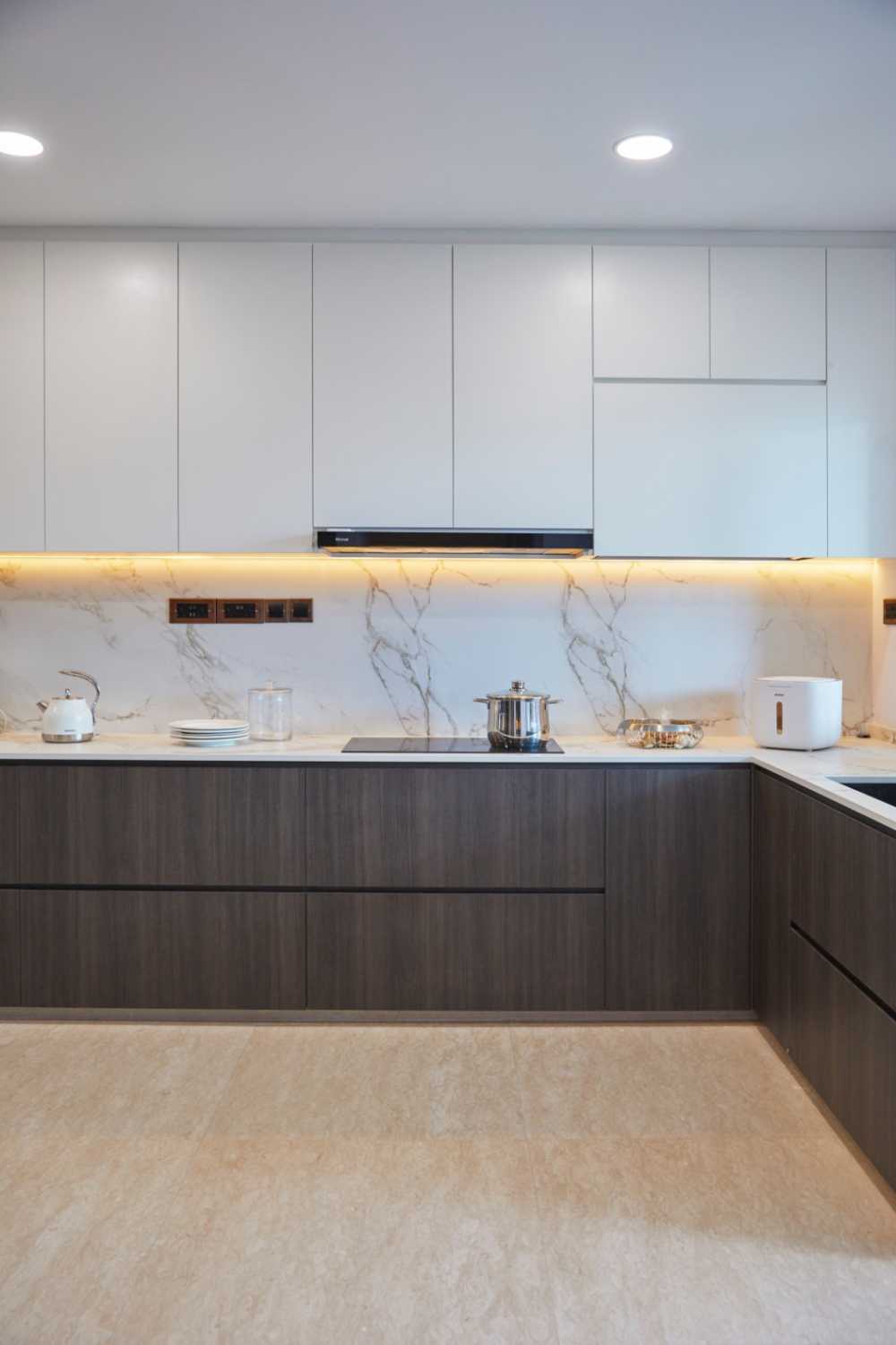 Minimalist Kitchen with Countertop and Herringbone Tiling