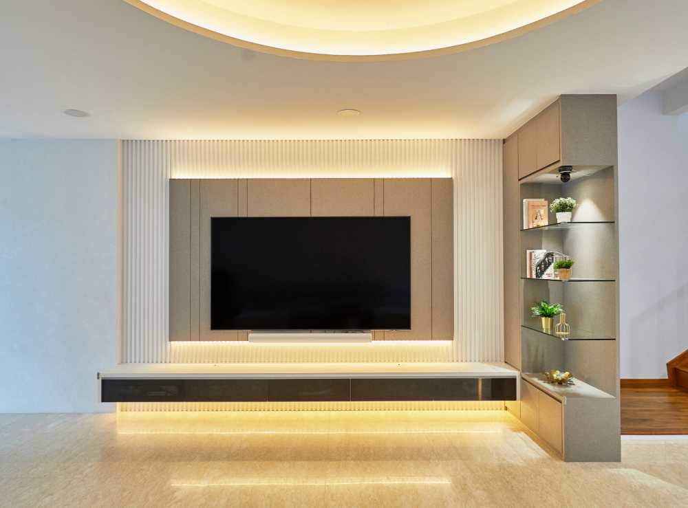 Minimalist Living Room with Wood Flooring and Feature Wall