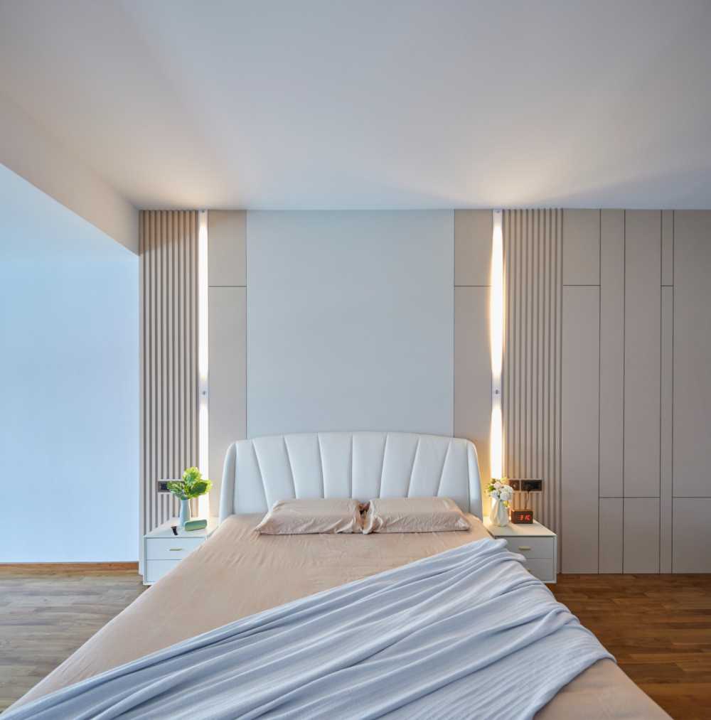 Minimalist Bedroom with Bay Window and Bedside Table