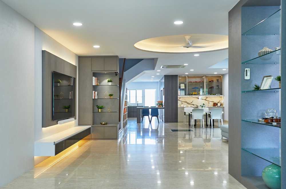 Minimalist Living Room with Feature Wall and Drop Light