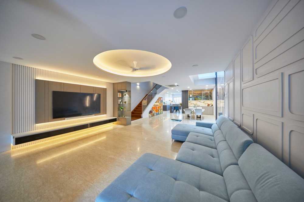 Minimalist Living Room with Cement Floor and Marble Floor