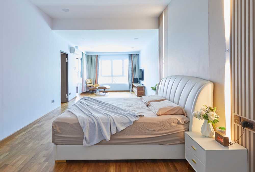 Minimalist Bedroom with Roller Blinds and Bedside Table
