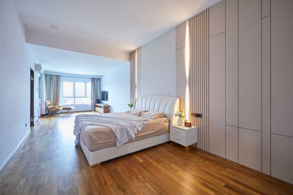 Minimalist Bedroom with Marble Floor and Wardrobe