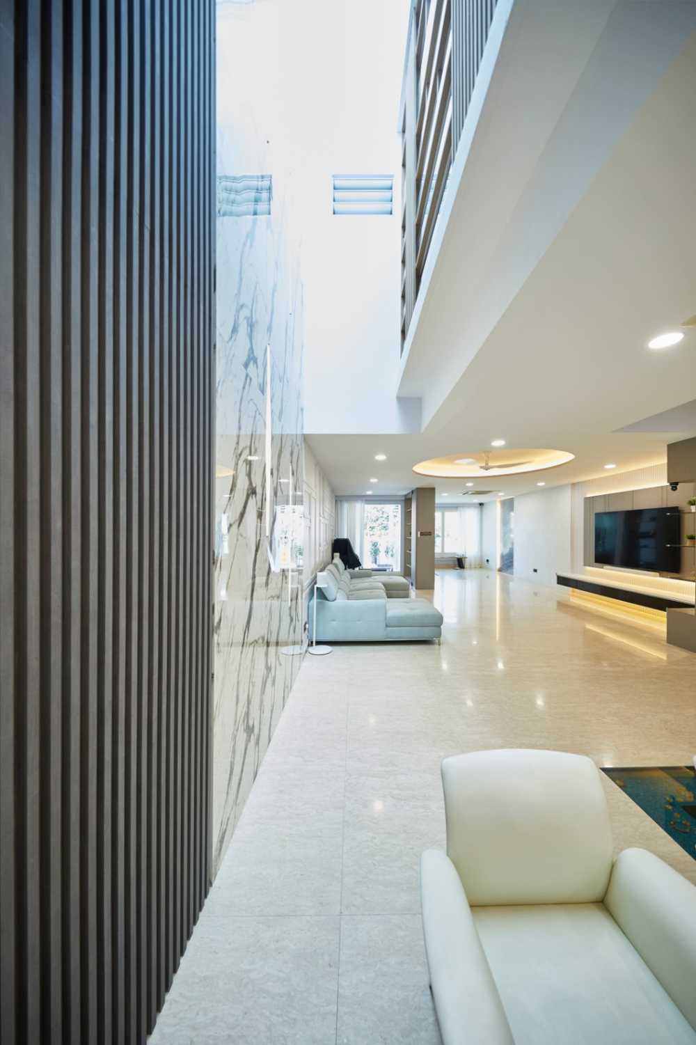 Minimalist Living Room with Marble Floor and Feature Wall