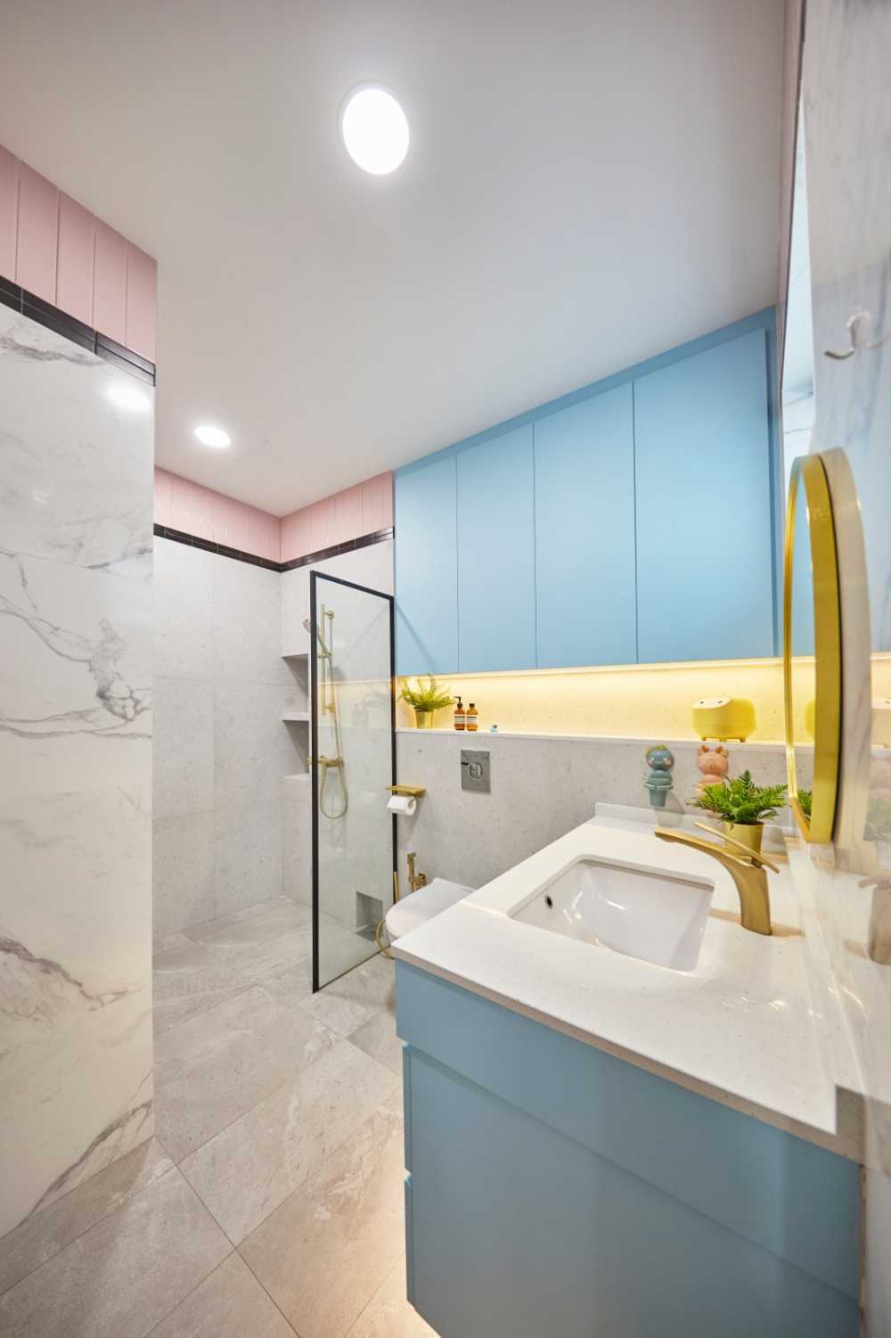 Minimalist Bathroom with Herringbone Tiling and Wood Flooring