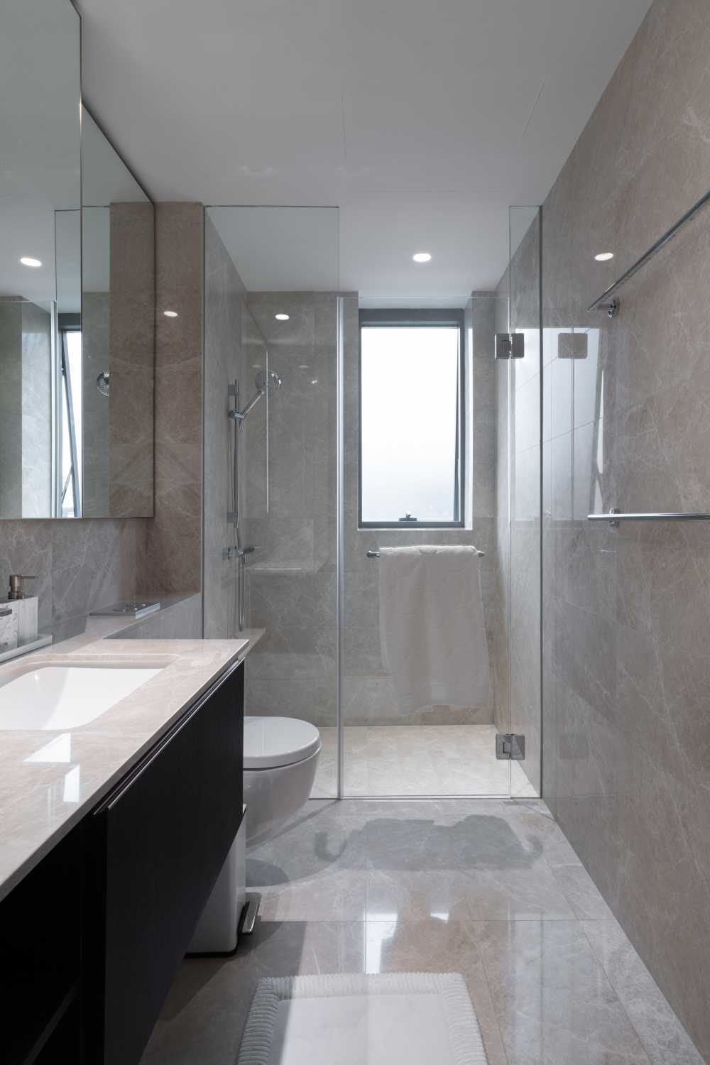 Contemporary Bathroom with Parquet Floor and Wood Flooring