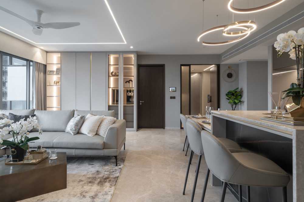 Contemporary Living Room with Granite Floor and Marble Floor