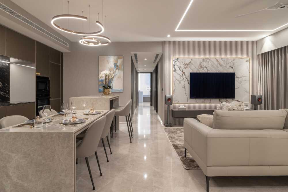 Contemporary Living Room with Bookshelf and Herringbone Tiling