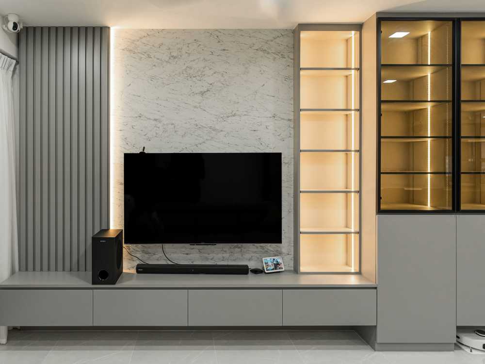 Contemporary Living Room with TV Console and Feature Wall