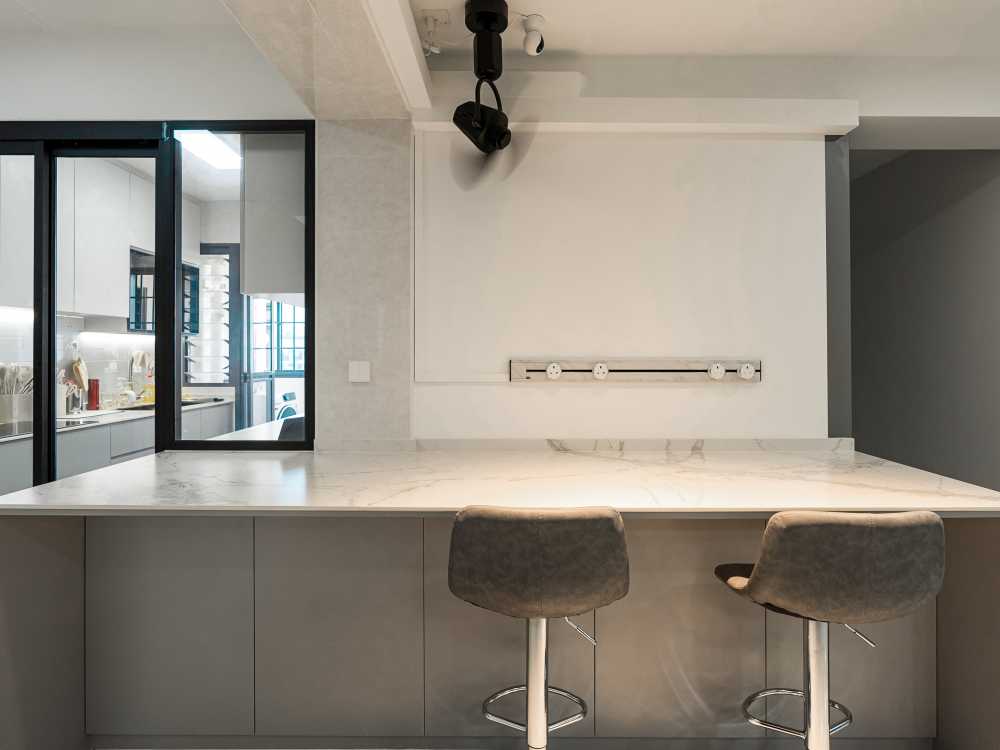 Contemporary Dining Room with Countertop and Kitchen Island