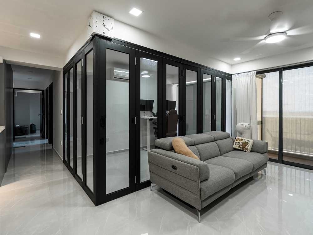 Contemporary Living Room with Homogeneous Tiles and Feature Wall