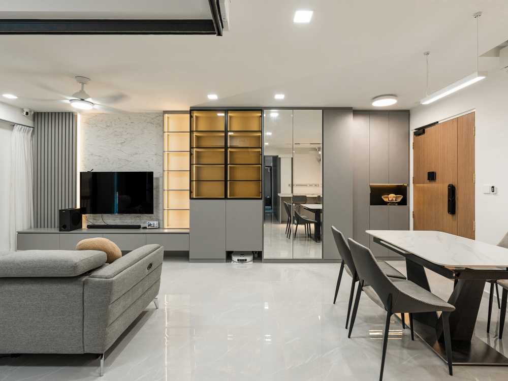 Contemporary Living Room with TV Console and Feature Wall