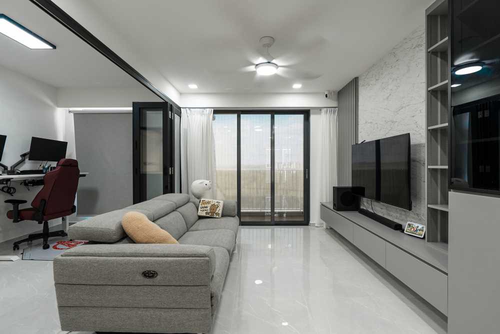 Contemporary Living Room with TV Console and Panelling