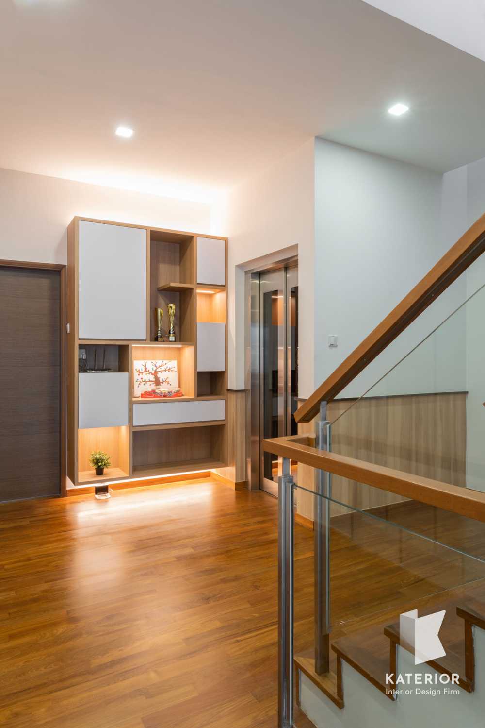 Scandinavian Hallway with Bookshelf and Staircase