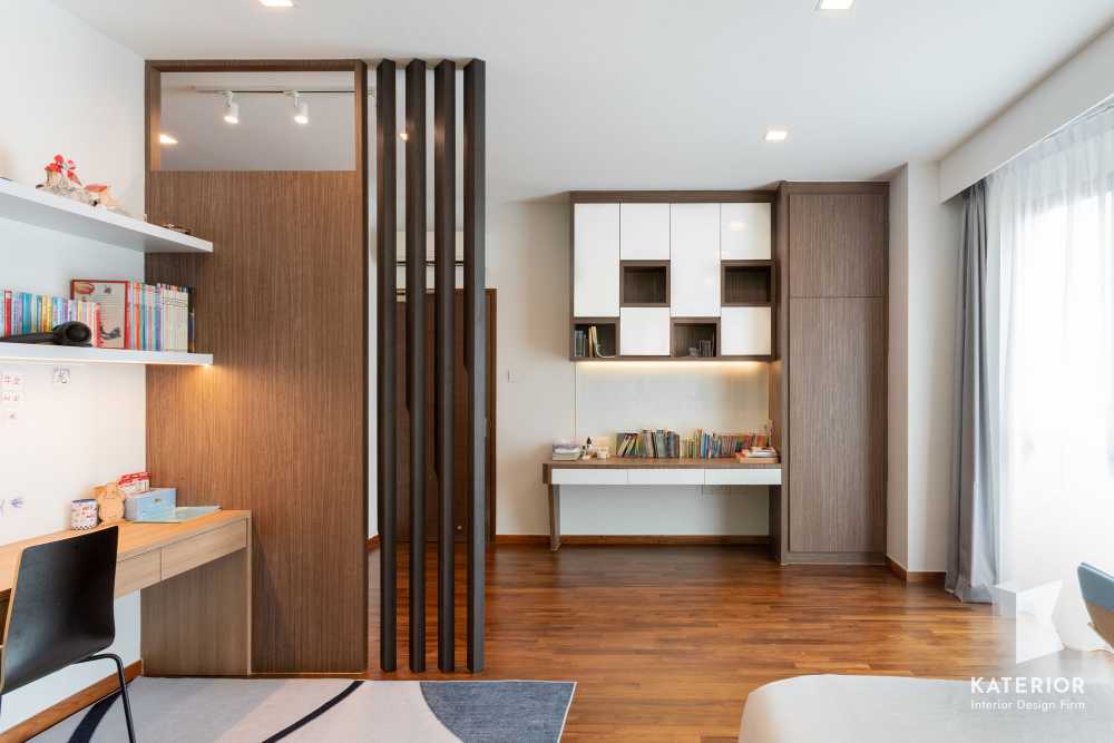 Scandinavian Bedroom with Bookshelf and Parquet Floor