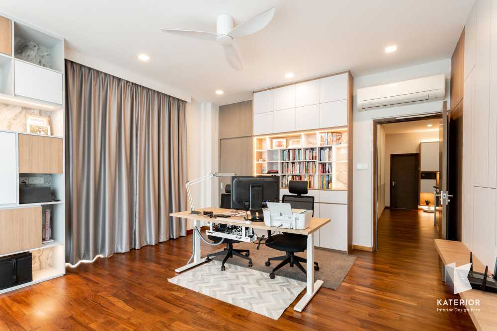 Scandinavian Bedroom with Bookshelf and Parquet Floor
