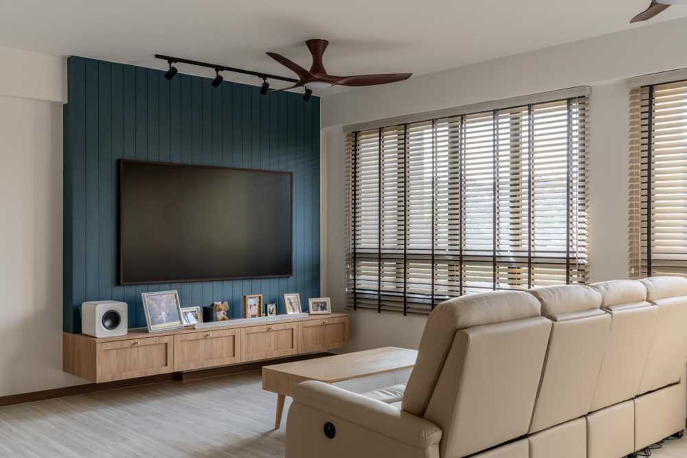 Country Living Room with Wood Flooring and TV Console