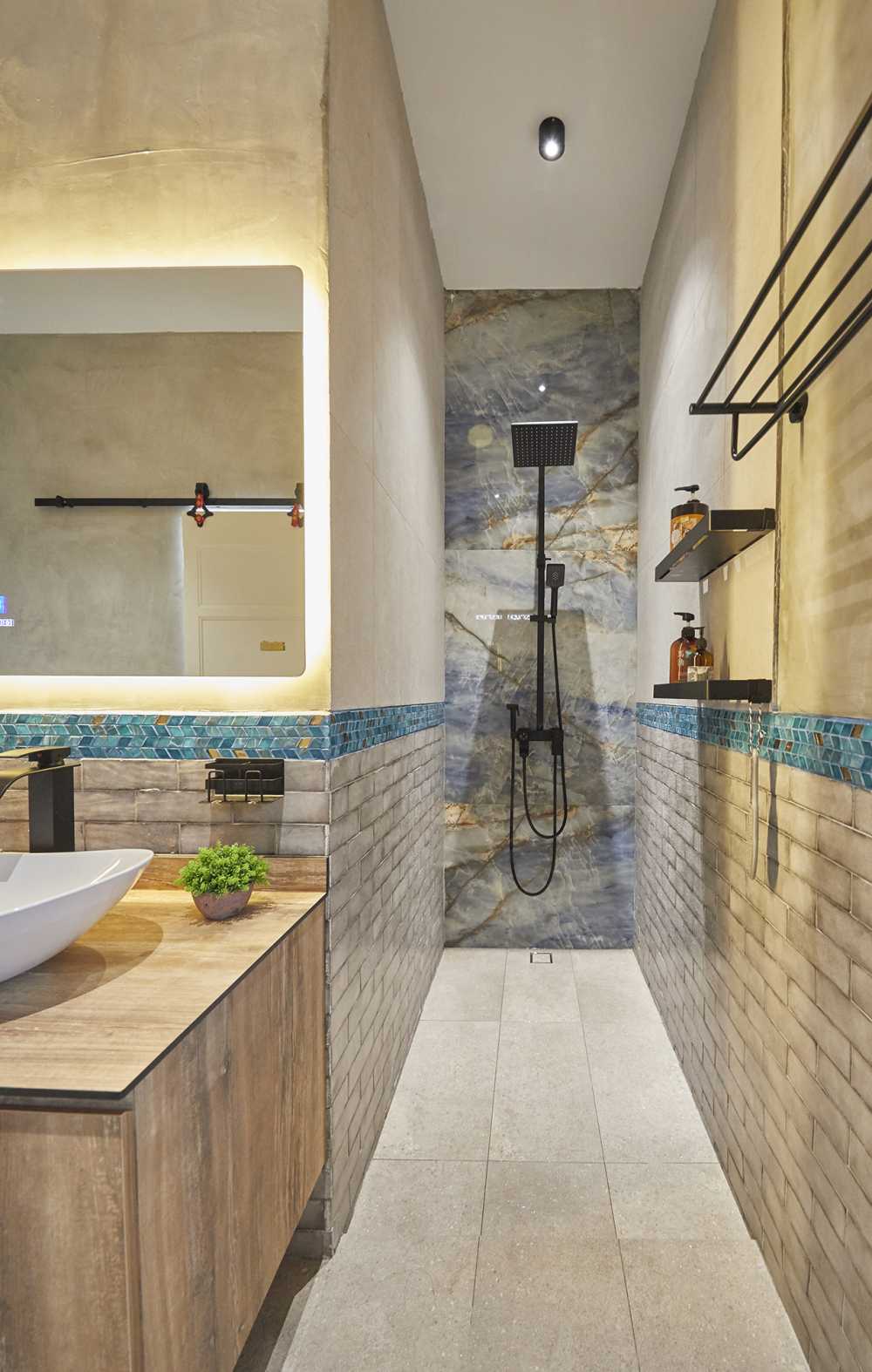 Asian Bathroom with Parquet Floor and Wood Flooring