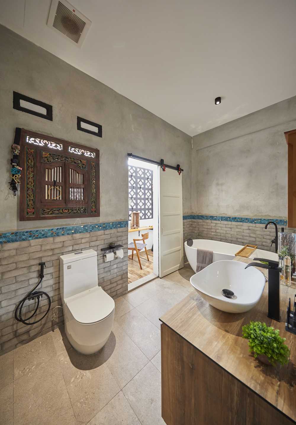 Asian Bathroom with Marble Floor and Shower Screen
