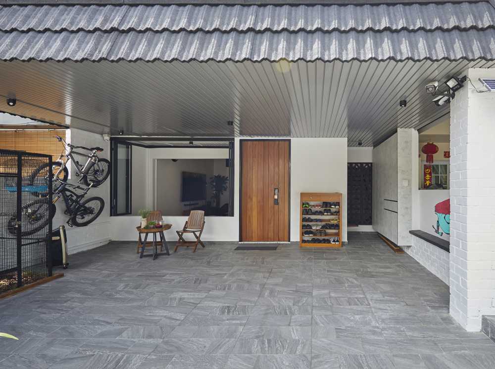 Asian Porch with Window Seat and Awning