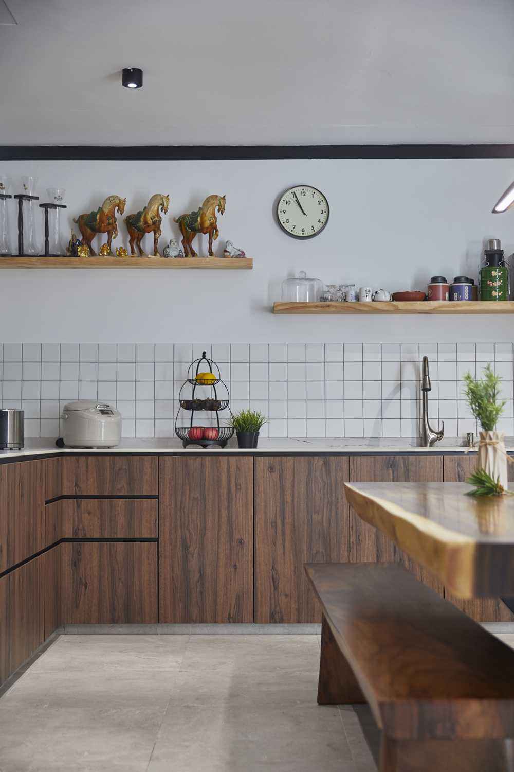 Asian Kitchen with Parquet Floor and Kitchen Island