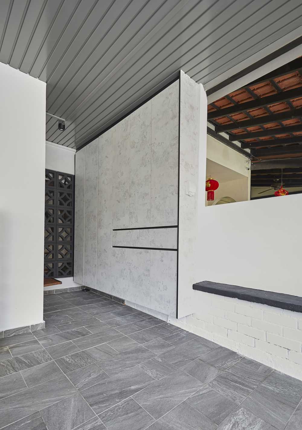 Asian Porch with Window Seat and Awning