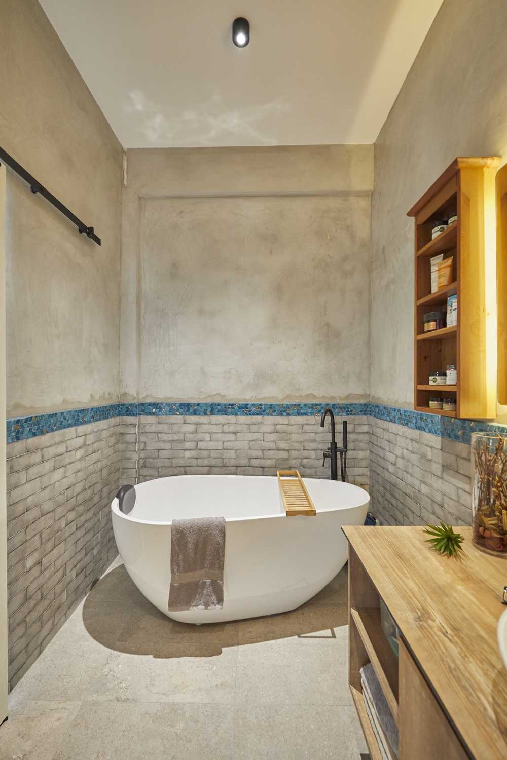 Asian Bathroom with Marble Floor and Mirror