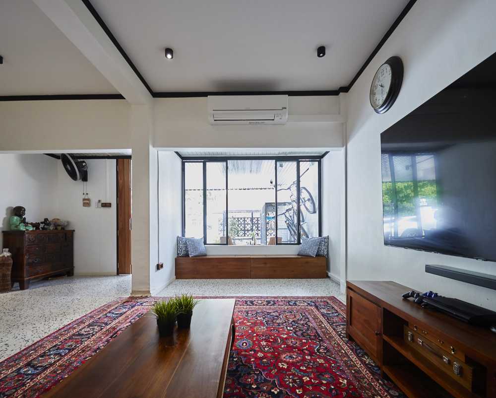 Asian Living Room with Marble Floor and TV Console