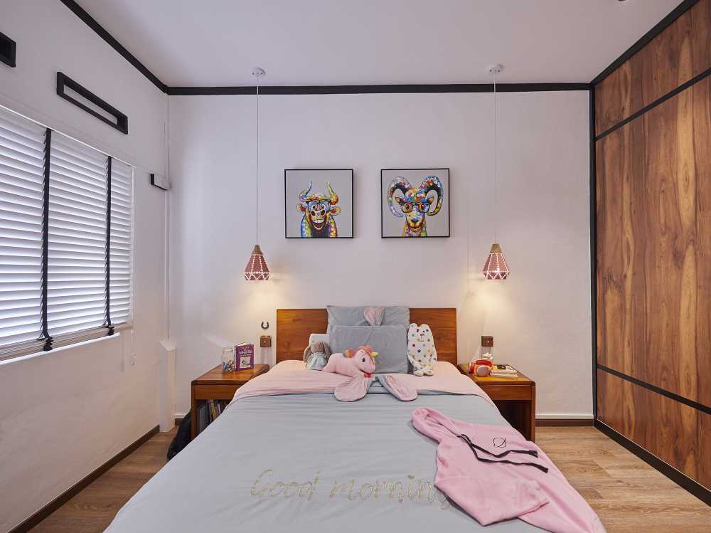 Asian Bedroom with Roller Blinds and Downlights