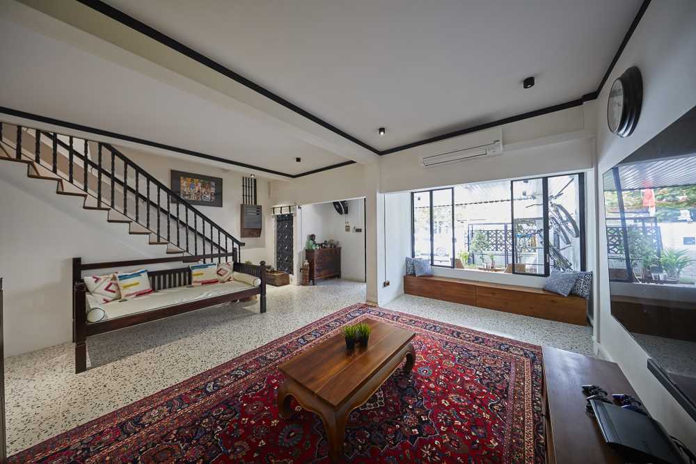 Asian Living Room with Mirror and Roller Blinds