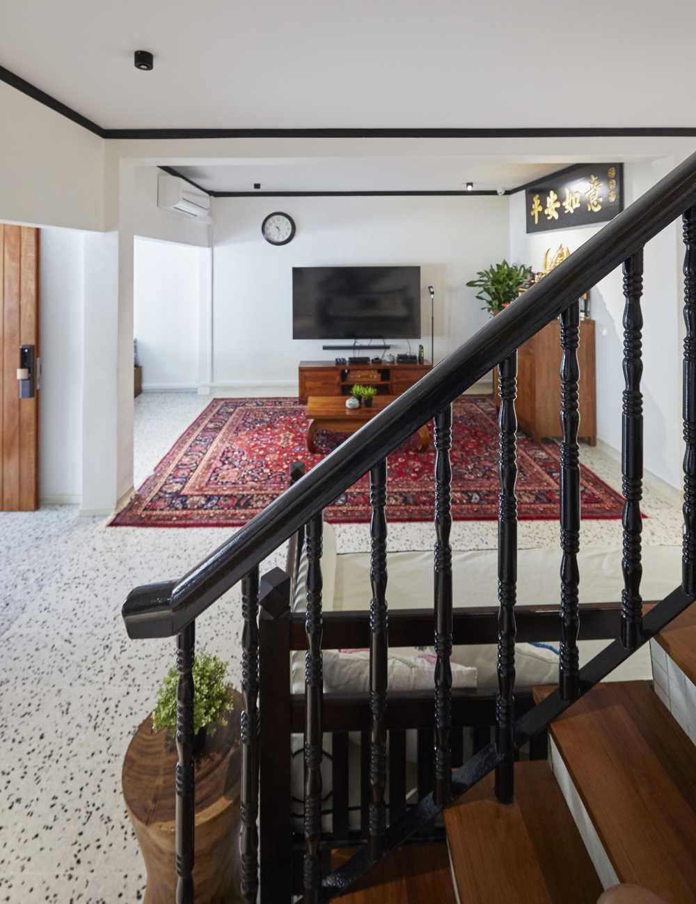 Asian Living Room with Marble Floor and Wood Flooring