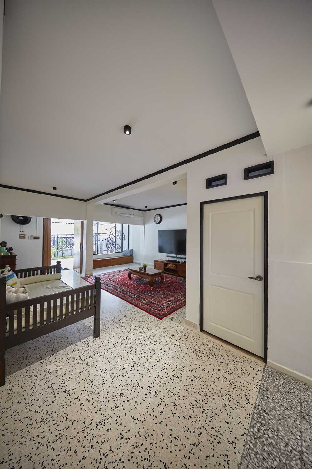 Asian Living Room with Marble Floor and Feature Wall
