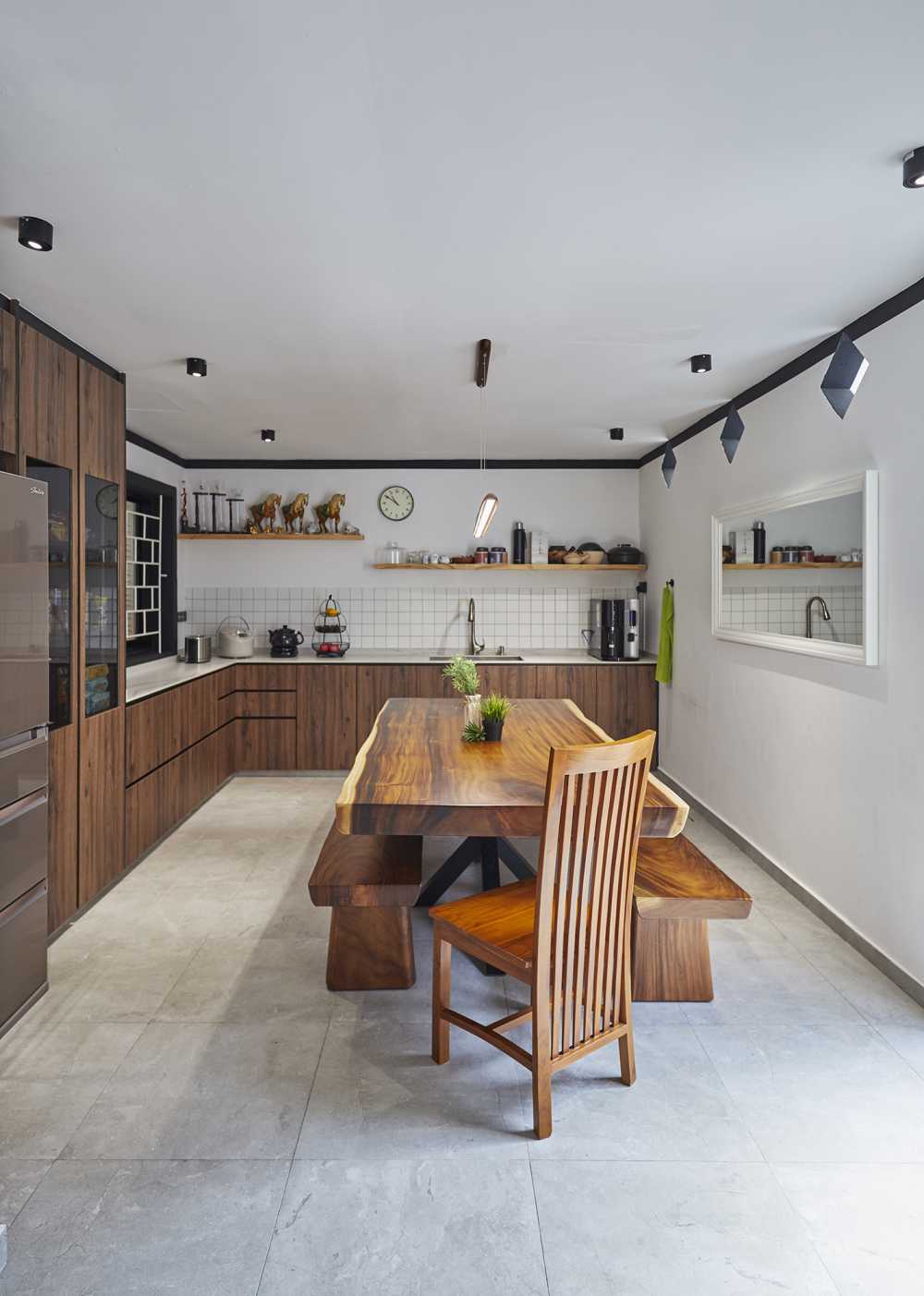 Asian Kitchen with Herringbone Tiling and Marble Floor