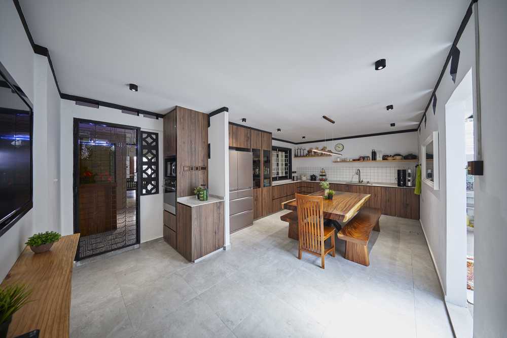 Asian Kitchen with Marble Floor and Wood Flooring